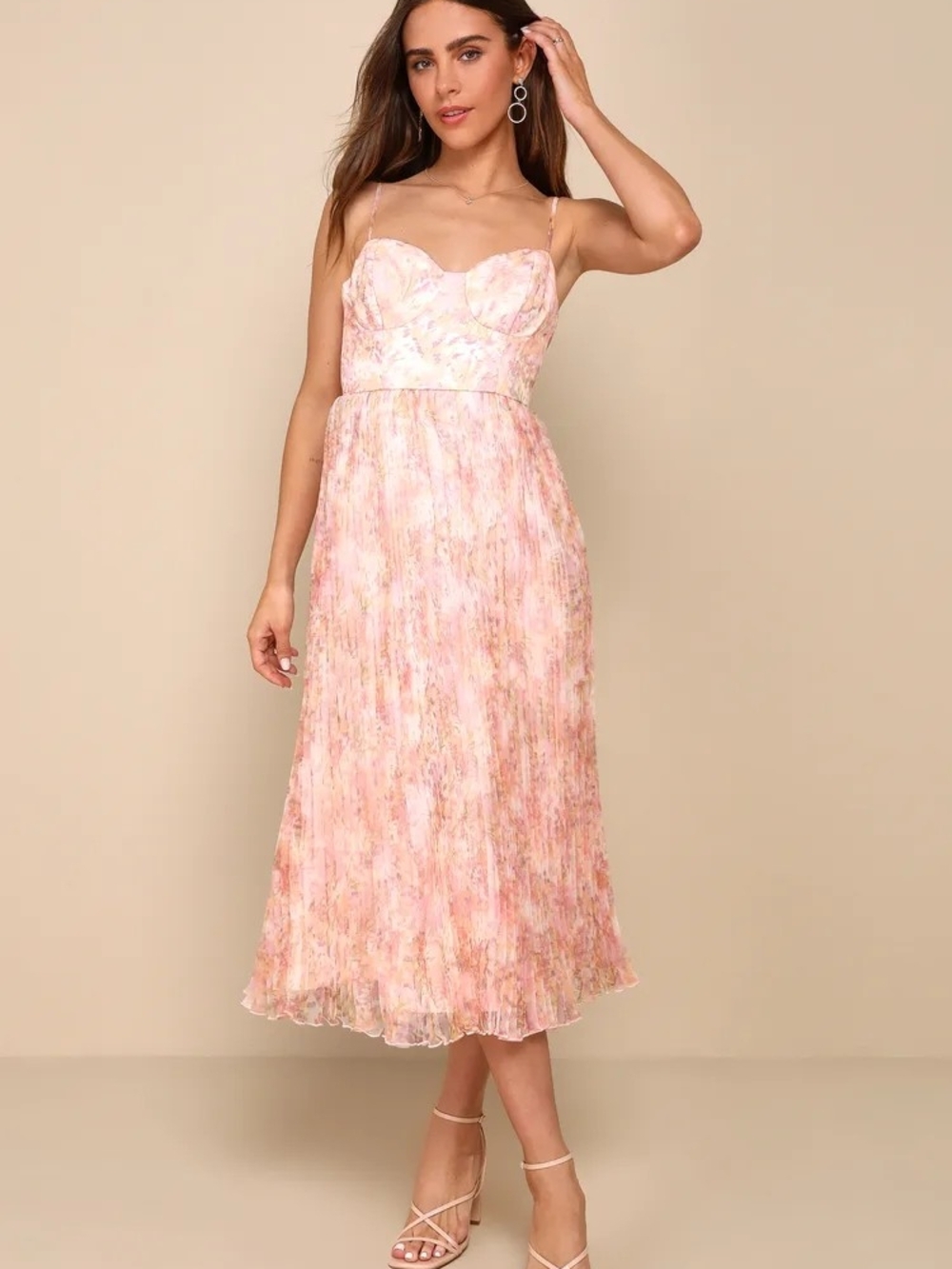 Lulu's Blush Pink Floral Pleated Midi Dress